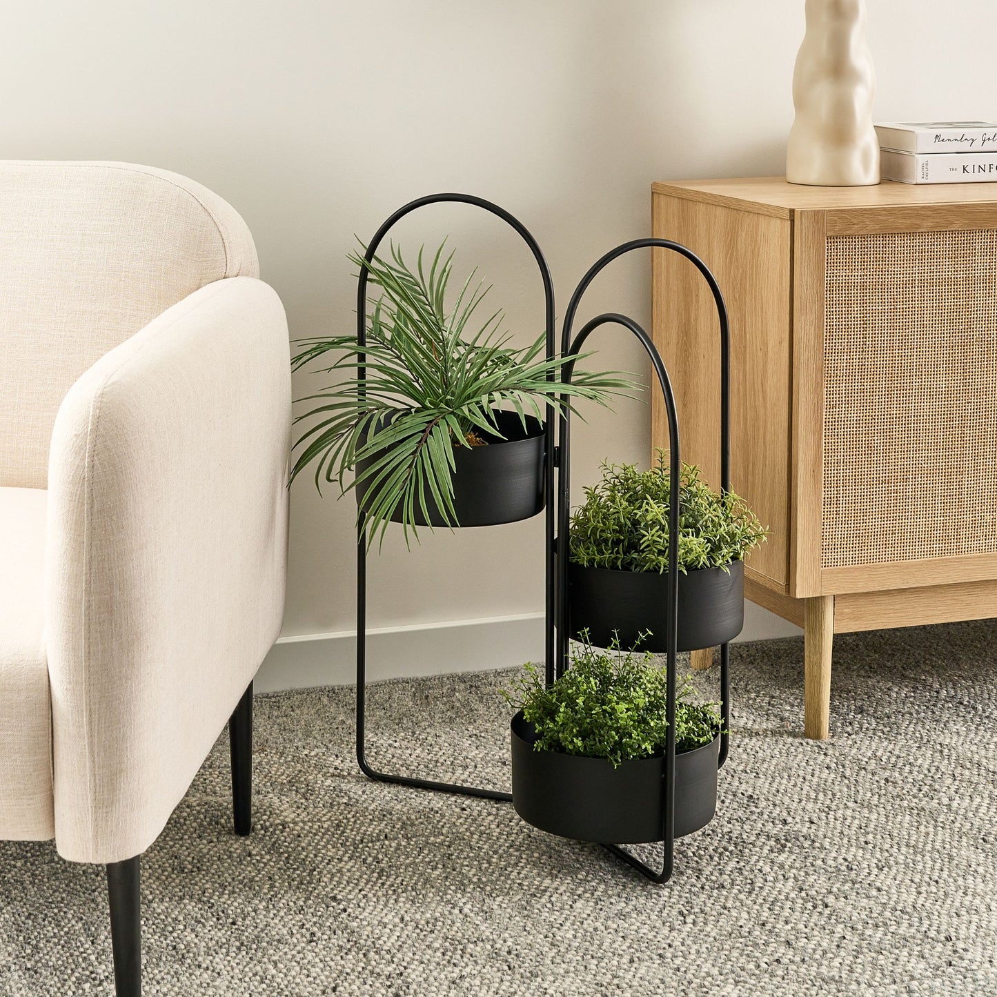 Black Iron Plant Stand 56 x 26 x 75cm Foldable Three Planters Indoor