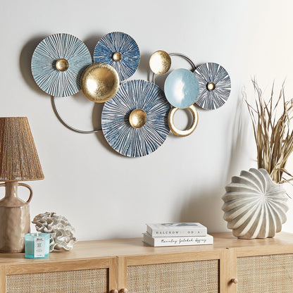 Studio Handcrafted Iron Wall Art Modern Hanging Decor Blue And Gold Elegant Accent Piece For Living Rooms
