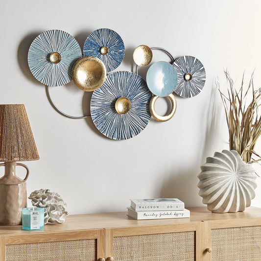 Studio Handcrafted Iron Wall Art Modern Hanging Decor Blue And Gold Elegant Accent Piece For Living Rooms