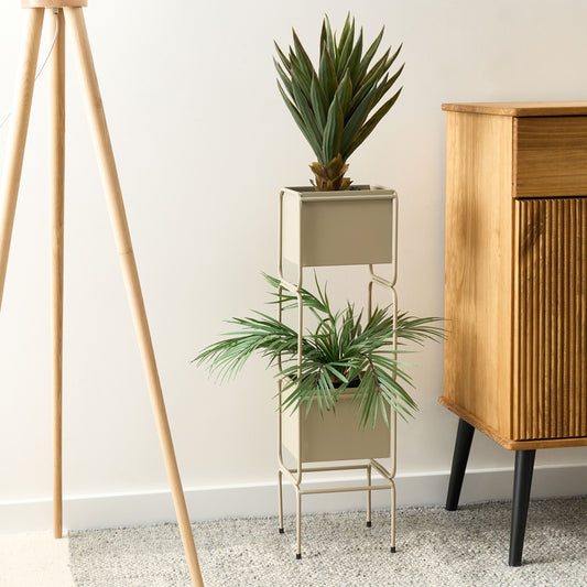 2-Tier Plant Stand Beige Iron 75cm Indoor Modern