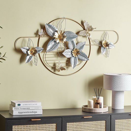 Gold Iron Handmade Wall Art Modern Floral Decor With Delicate Butterflies And Golden Accents