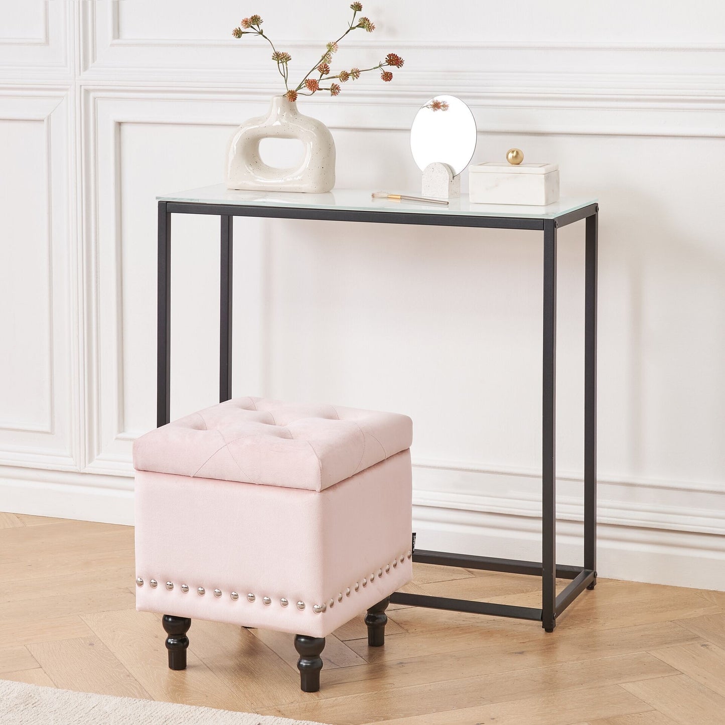 Footstool Pastel Pink Velvet Button Tufted Storage