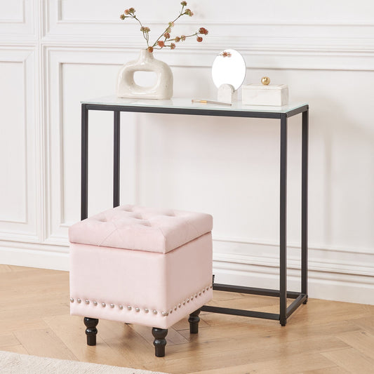 Footstool Pastel Pink Velvet Button Tufted Storage