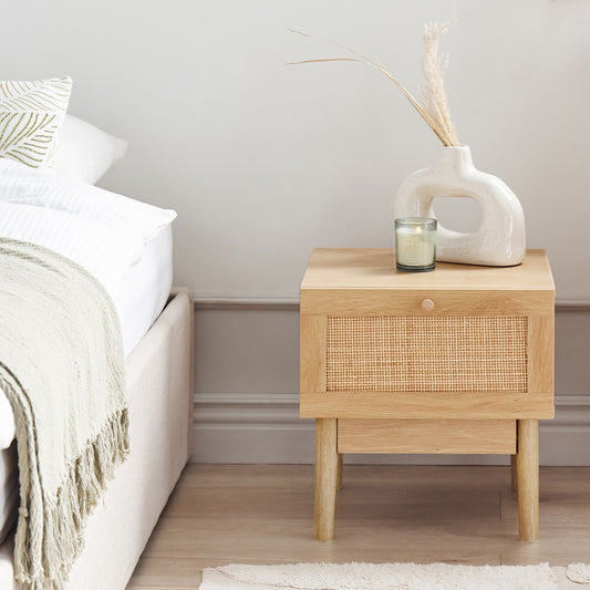 Bedside Nightstand With Pine Wood Drawer And Rattan Front