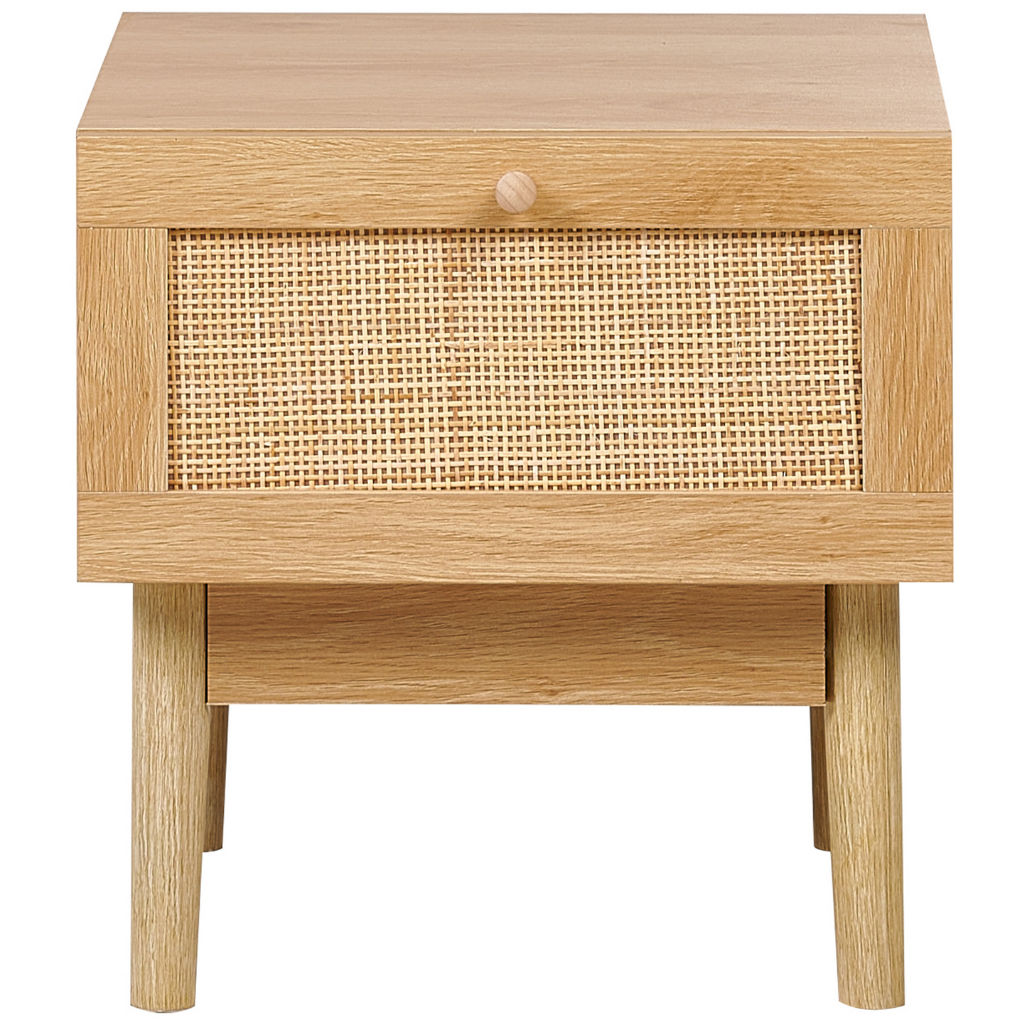 Bedside Nightstand With Pine Wood Drawer And Rattan Front