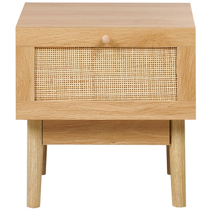 Bedside Nightstand With Pine Wood Drawer And Rattan Front