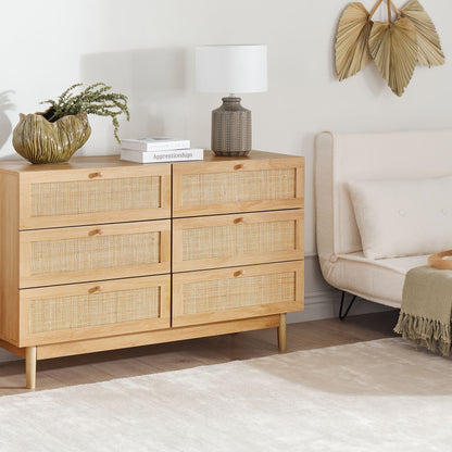 Boho Home Sideboard 6 Drawer Chest With Rattan Front In Light Brown Particle Board Construction