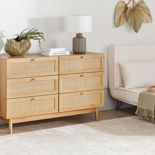 Boho Home Sideboard 6 Drawer Chest With Rattan Front In Light Brown Particle Board Construction