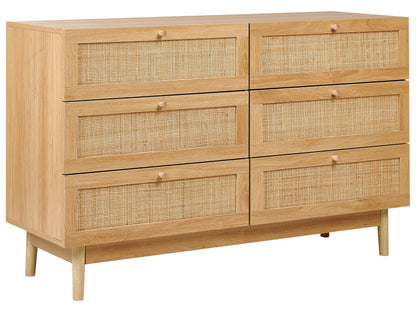 Boho Home Sideboard 6 Drawer Chest With Rattan Front In Light Brown Particle Board Construction