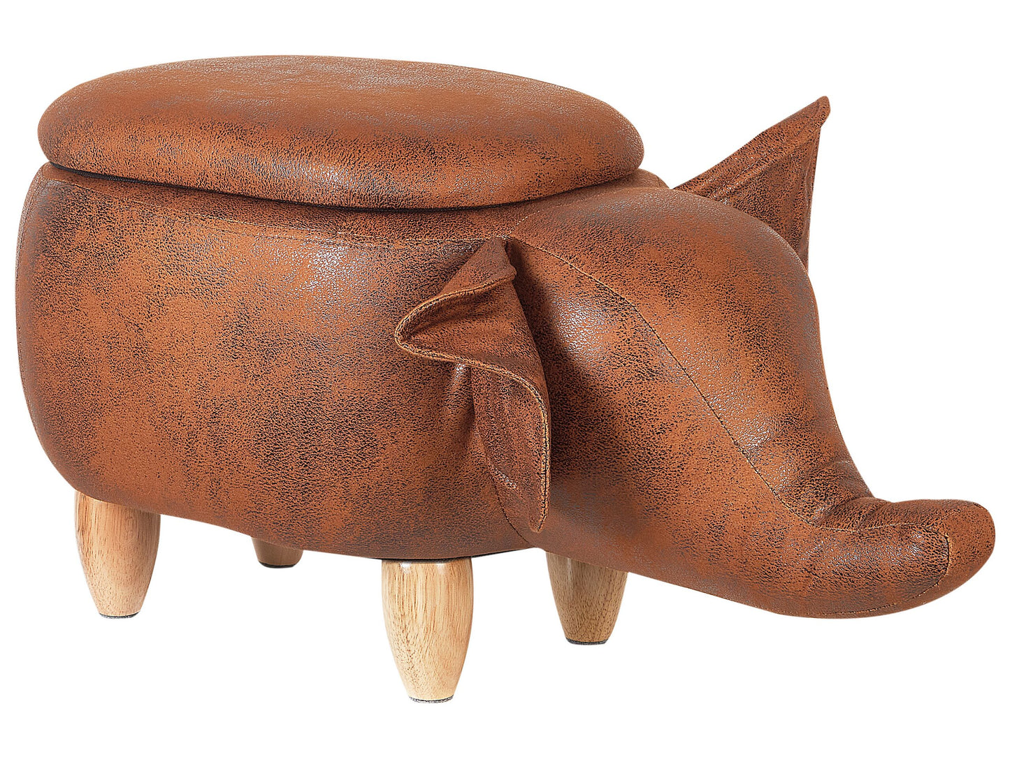 Elephant Kids Stool Storage Brown Faux Leather Wooden Legs