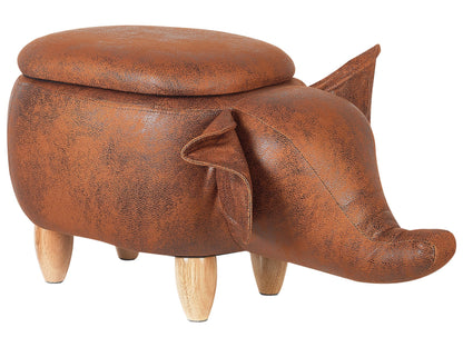 Elephant Kids Stool Storage Brown Faux Leather Wooden Legs