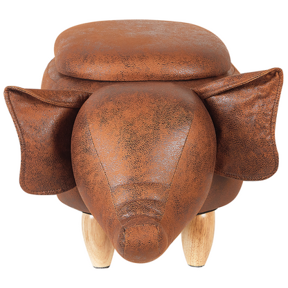 Elephant Kids Stool Storage Brown Faux Leather Wooden Legs