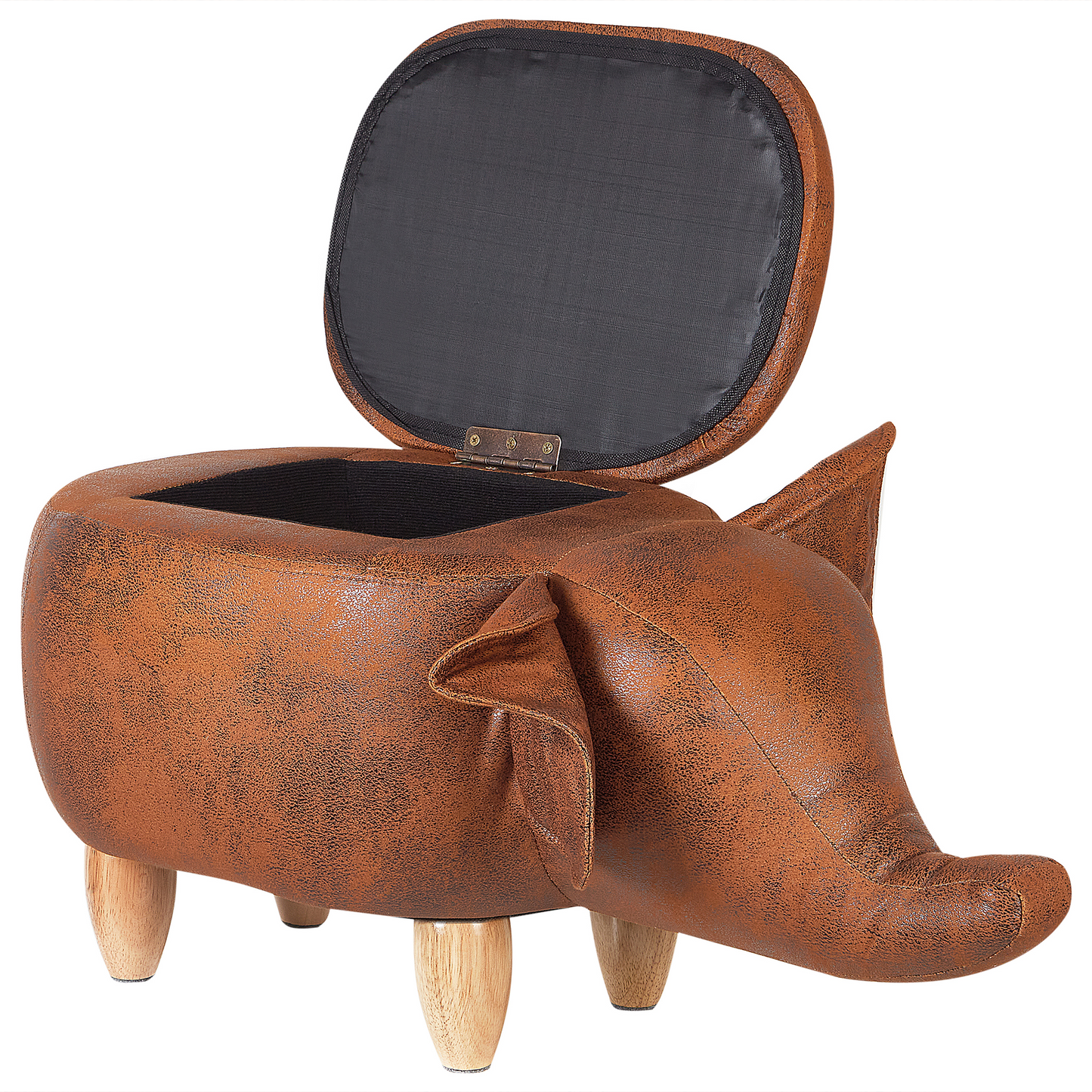 Elephant Kids Stool Storage Brown Faux Leather Wooden Legs