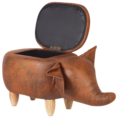 Elephant Kids Stool Storage Brown Faux Leather Wooden Legs
