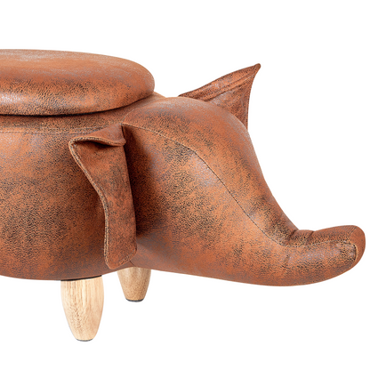 Elephant Kids Stool Storage Brown Faux Leather Wooden Legs