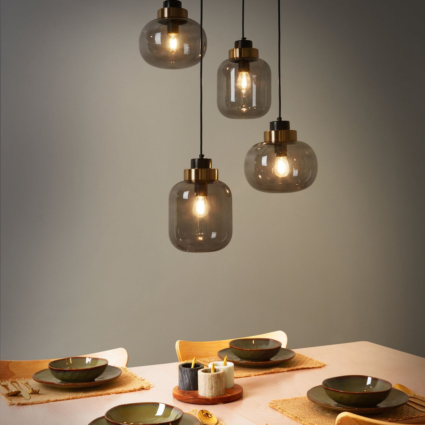 Living Four Light Pendant Lamp Grey Transparent Glass Shades With Black Iron Modern Design