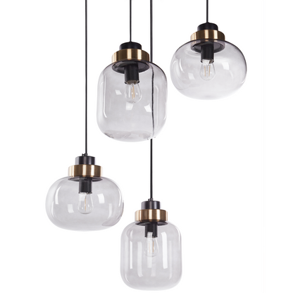 Living Four Light Pendant Lamp Grey Transparent Glass Shades With Black Iron Modern Design