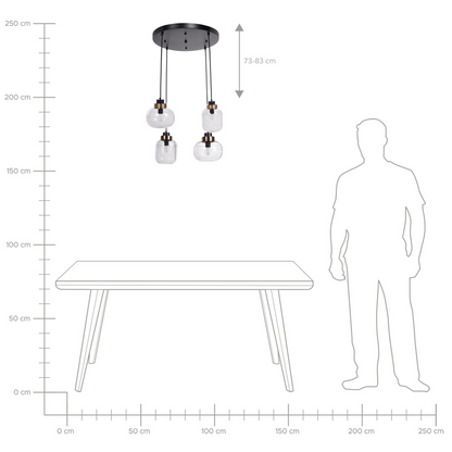 Living Four Light Pendant Lamp Grey Transparent Glass Shades With Black Iron Modern Design