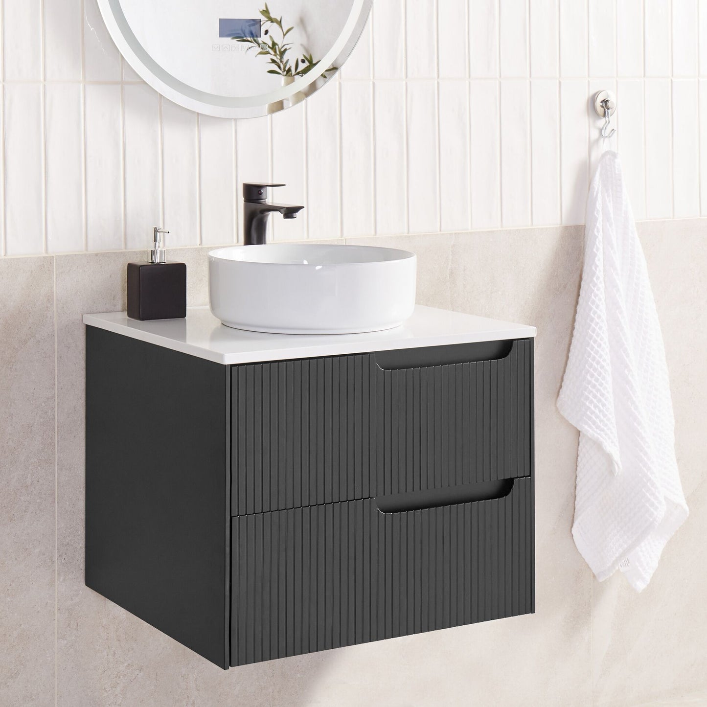 LuxeHome Black MDF Wall Mounted Cabinet 60x52 Fluted Front