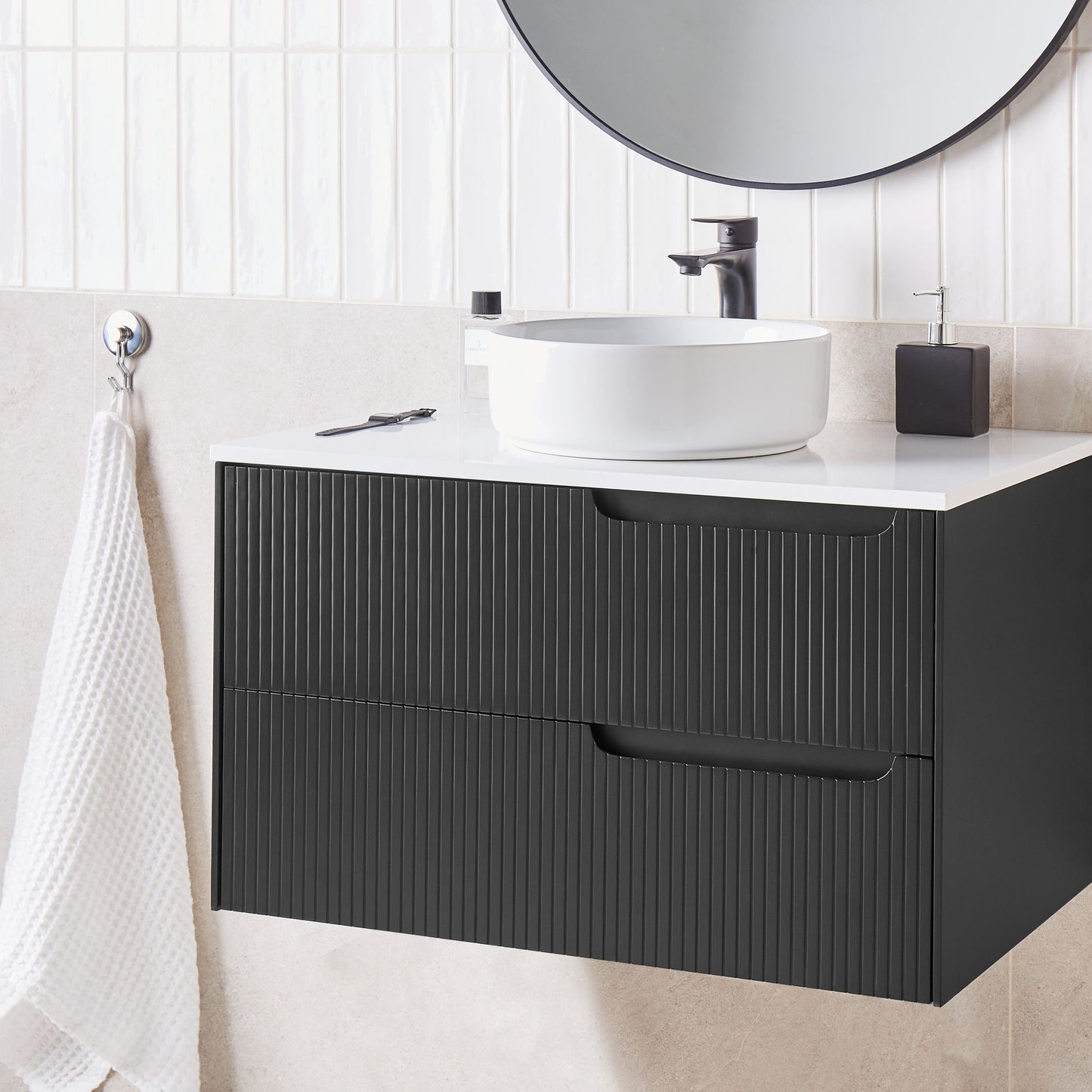 Nova Wall Mounted Cabinet Black MDF 80x52 Fluted Front Two Drawers