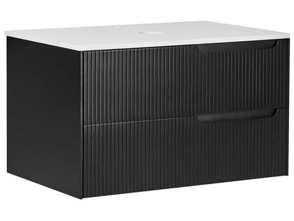 Nova Wall Mounted Cabinet Black MDF 80x52 Fluted Front Two Drawers