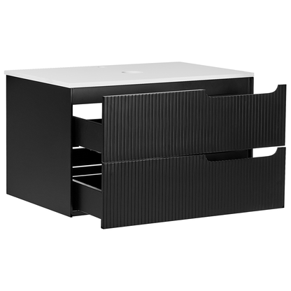 Nova Wall Mounted Cabinet Black MDF 80x52 Fluted Front Two Drawers