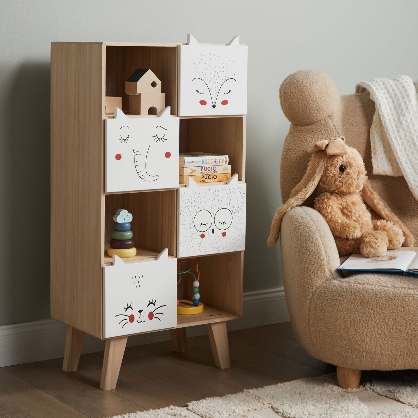 WhimsyKids 4 Tier Bookshelf With Animal Drawer Fronts Light Brown
