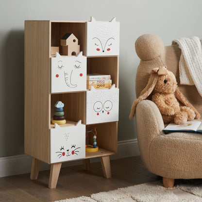 WhimsyKids 4 Tier Bookshelf With Animal Drawer Fronts Light Brown