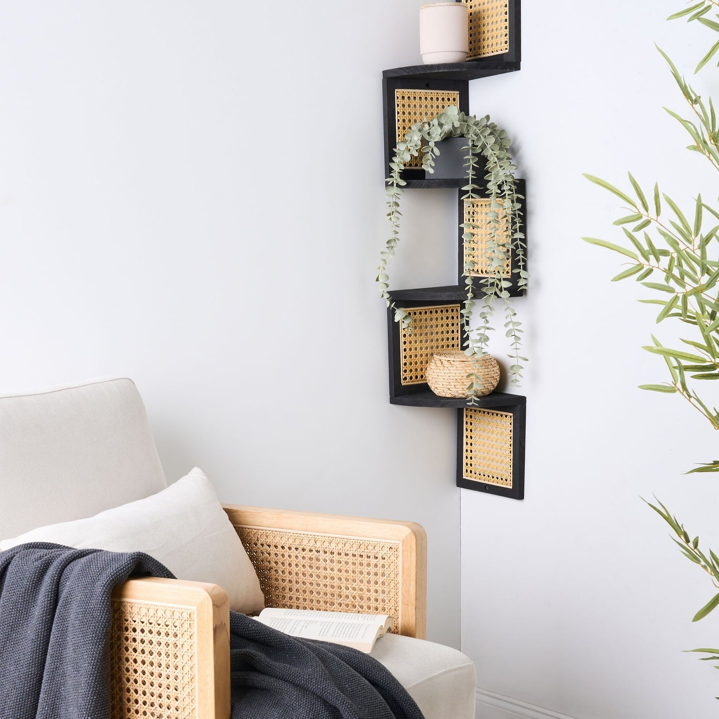 Corner Wall Bookcase 4 Tier Light Wood Black Engineered Wood