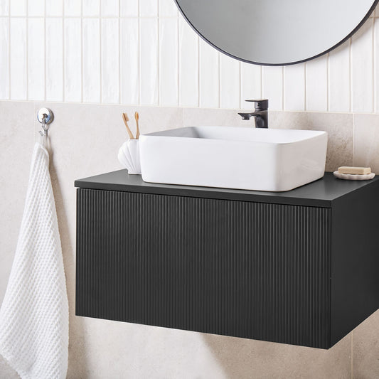 Brand Fluted Wall Mounted Bathroom Cabinet Black 80x52 Cm Drawer