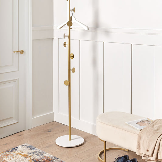 Gold Metal Marble Base Coat Stand Freestanding Industrial Jacket Rack For Hallways