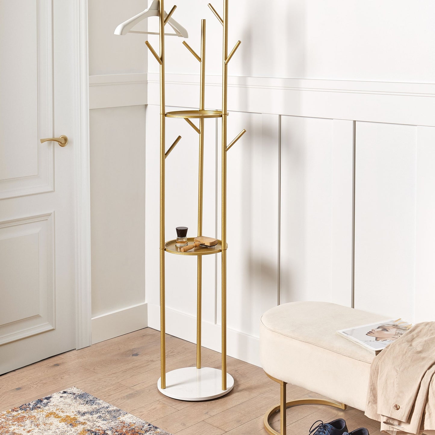 Gold Coat Stand Marble Base With Shelves Freestanding Industrial Hallway Rack
