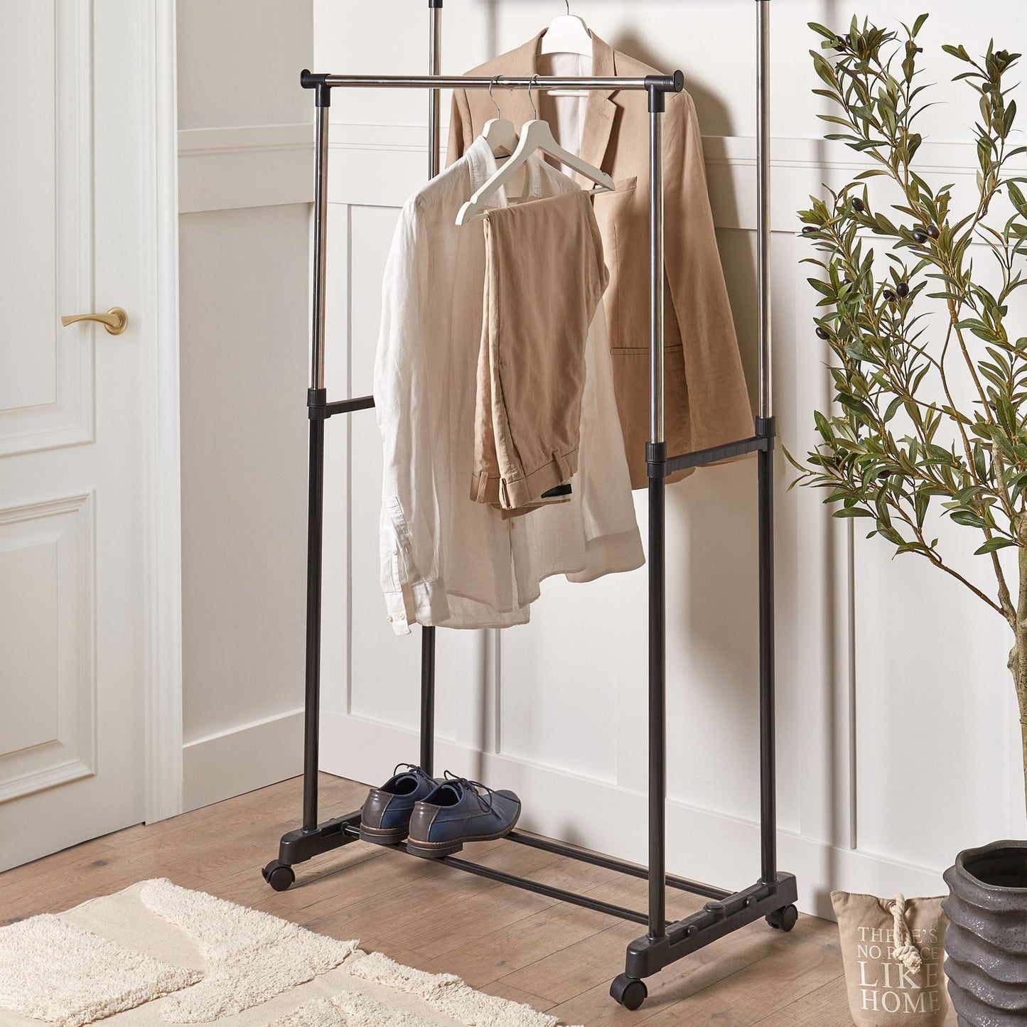 Coat Stand With Wheels Black Metal Freestanding Jacket Rack Industrial Hallway