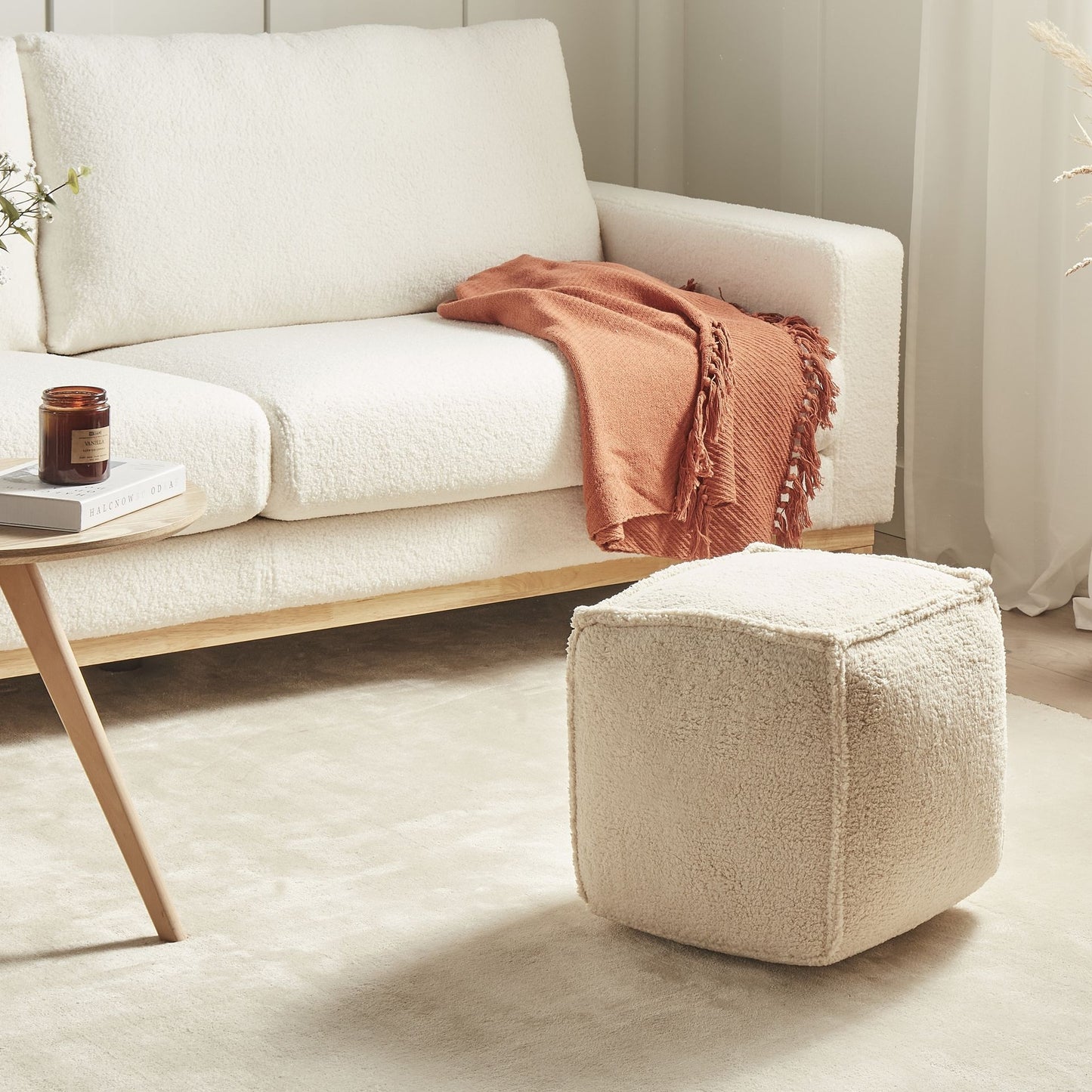 Pouffe 40cm Light Brown Teddy Fabric Seat