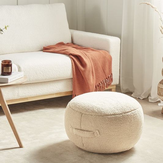 Pouffe Beige 50 x 50 x 30 Teddy Fabric Round Seat