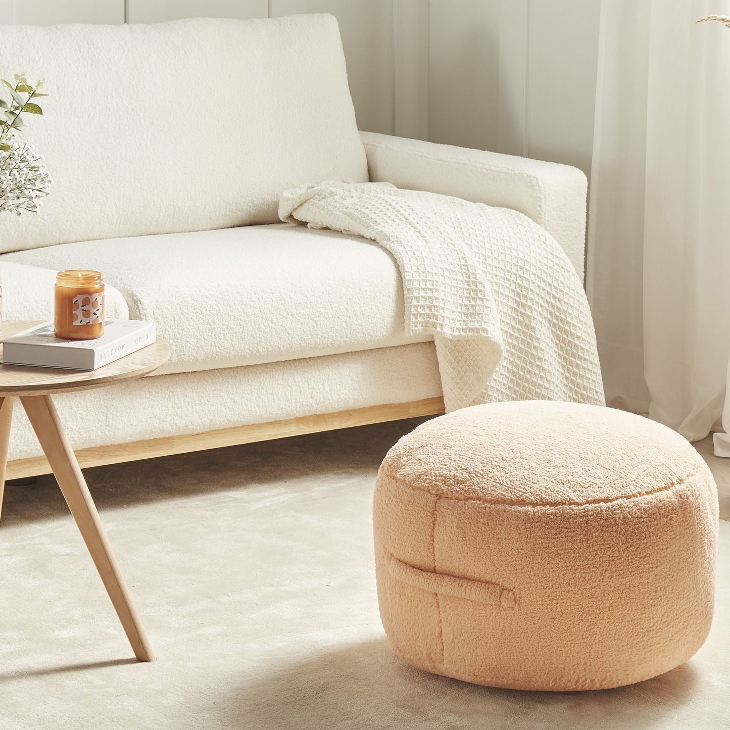 Orange Pouffe 50 x 50 x 30cm Fluffy Teddy Fabric Round Seat for Living Room Accent