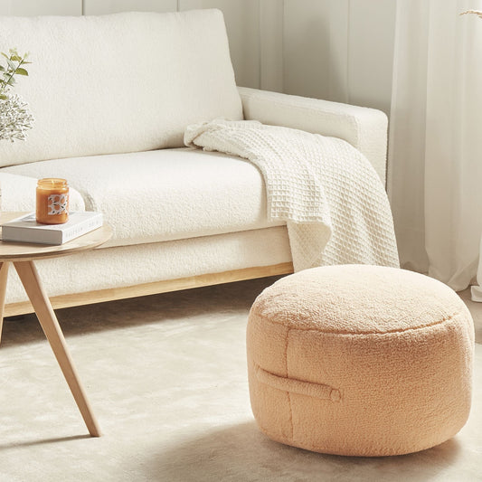 Orange Pouffe 50 x 50 x 30cm Fluffy Teddy Fabric Round Seat for Living Room Accent