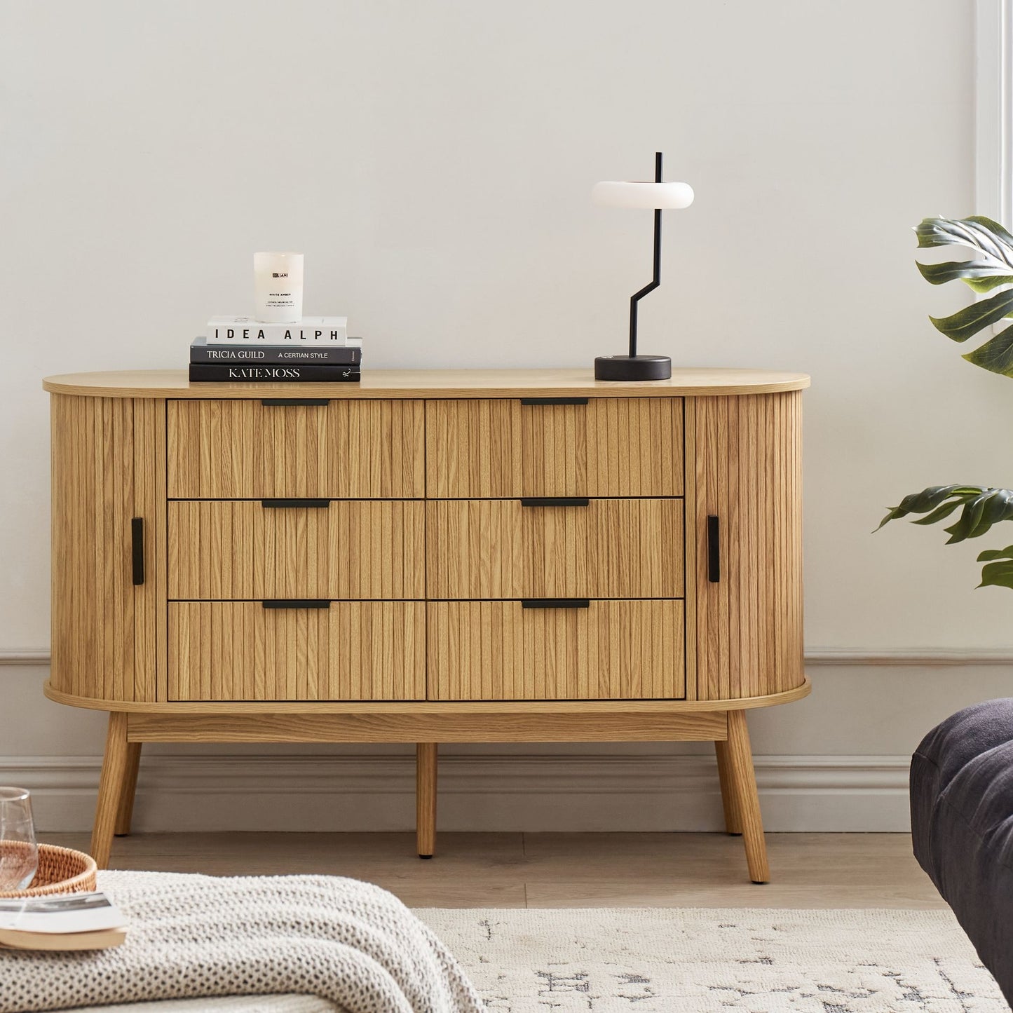 NovaFurn 6 Drawer Chest In Light Brown With Solid Wood Legs And Two Sliding Doors
