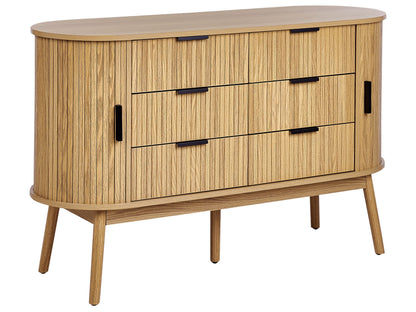 NovaFurn 6 Drawer Chest In Light Brown With Solid Wood Legs And Two Sliding Doors