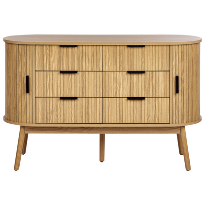 NovaFurn 6 Drawer Chest In Light Brown With Solid Wood Legs And Two Sliding Doors