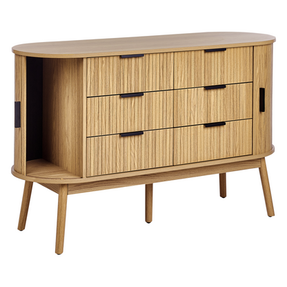 NovaFurn 6 Drawer Chest In Light Brown With Solid Wood Legs And Two Sliding Doors