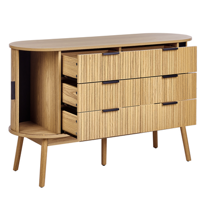 NovaFurn 6 Drawer Chest In Light Brown With Solid Wood Legs And Two Sliding Doors
