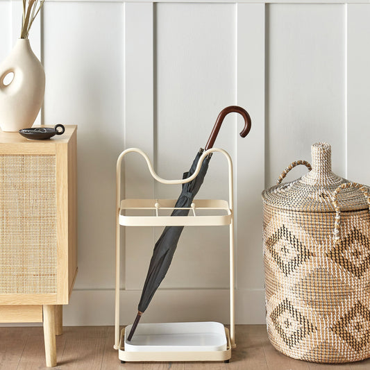 Modern Beige Iron Umbrella Stand With Drip Tray, Metal Hallway Organizer