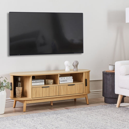 Nova Home TV Stand Light Brown MDF Solid Wood Legs 2 Sliding Doors