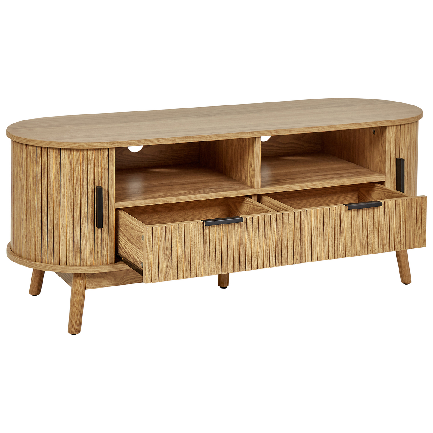 Nova Home TV Stand Light Brown MDF Solid Wood Legs 2 Sliding Doors