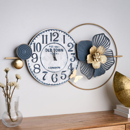 Blue Iron Frame Wall Clock Black Spade Hands 90 x 49cm Arabic Numerals Modern Design