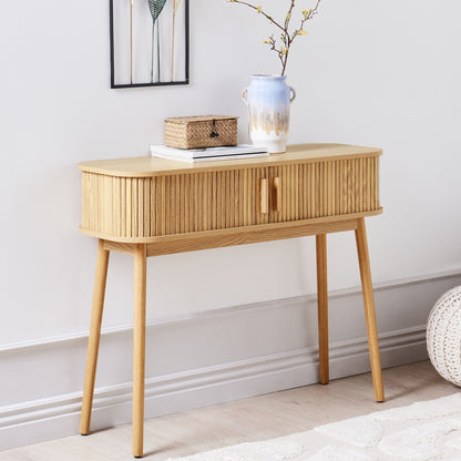 LuxeWood Console Table Light Brown Solid Wood Legs With Sliding Cabinet For Living Room 100x35 Cm