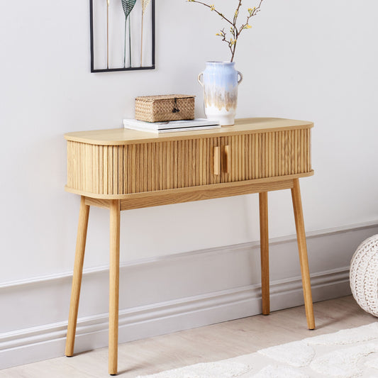 LuxeWood Console Table Light Brown Solid Wood Legs With Sliding Cabinet For Living Room 100x35 Cm