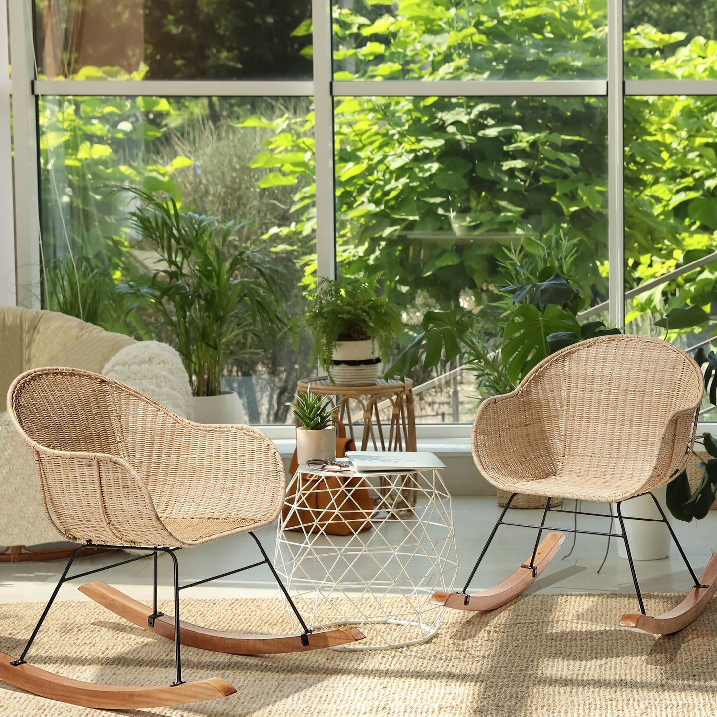 Set Of 2 Natural Rattan Rocking Chairs For Indoor Outdoor