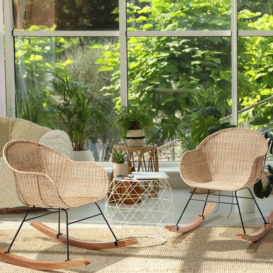 Set Of 2 Natural Rattan Rocking Chairs For Indoor Outdoor